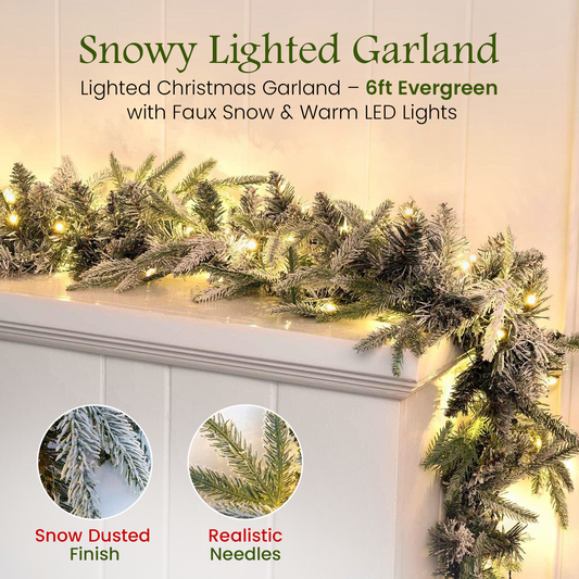 Snow Flocked Garland 1.8m/6ft with Warm White Lights for Fireplace, Staircase, Door, Table Decorations