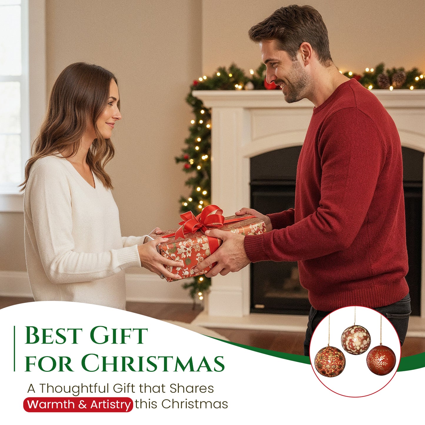 Hand Painted Papier Mache Christmas Baubles – Set of 3 Handmade Christmas Decorations, Eco-Friendly Presentation Box, Traditional Xmas Tree Decorations (Red)