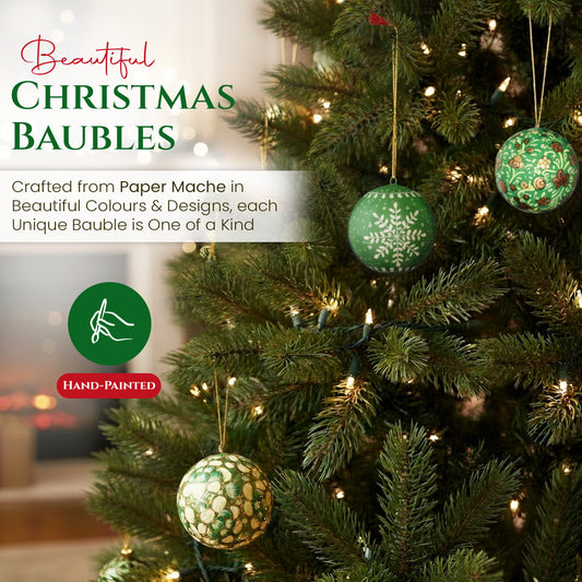 Hand Painted Papier Mache Christmas Baubles – Set of 3 Handmade Christmas Decorations, Eco-Friendly Presentation Box, Traditional Xmas Tree Decorations (Green)