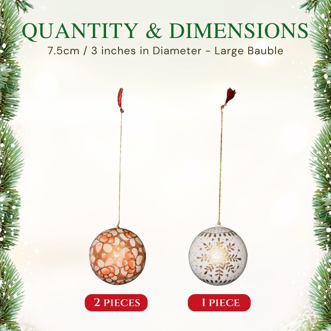 Hand Painted Papier Mache Christmas Baubles – Set of 3 Handmade Christmas Decorations, Eco-Friendly Presentation Box, Traditional Xmas Tree Decorations (White-Orange)