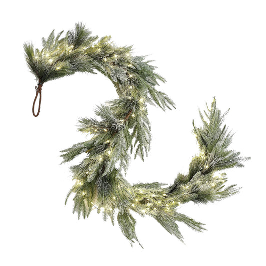 Luxury Snow Flocked Christmas Garland with Lights 1.8m/6ft for Christmas Decorations, Mixed Green Garland, Warm White Lights Indoor Decoration for Fireplace Stair Door Table