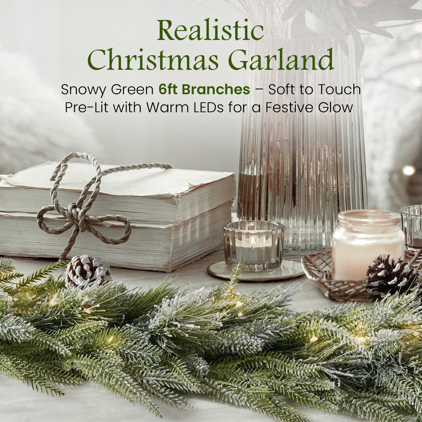 Luxury Snow Flocked Christmas Garland with Lights 1.8m/6ft for Christmas Decorations, Mixed Green Garland, Warm White Lights Indoor Decoration for Fireplace Stair Door Table