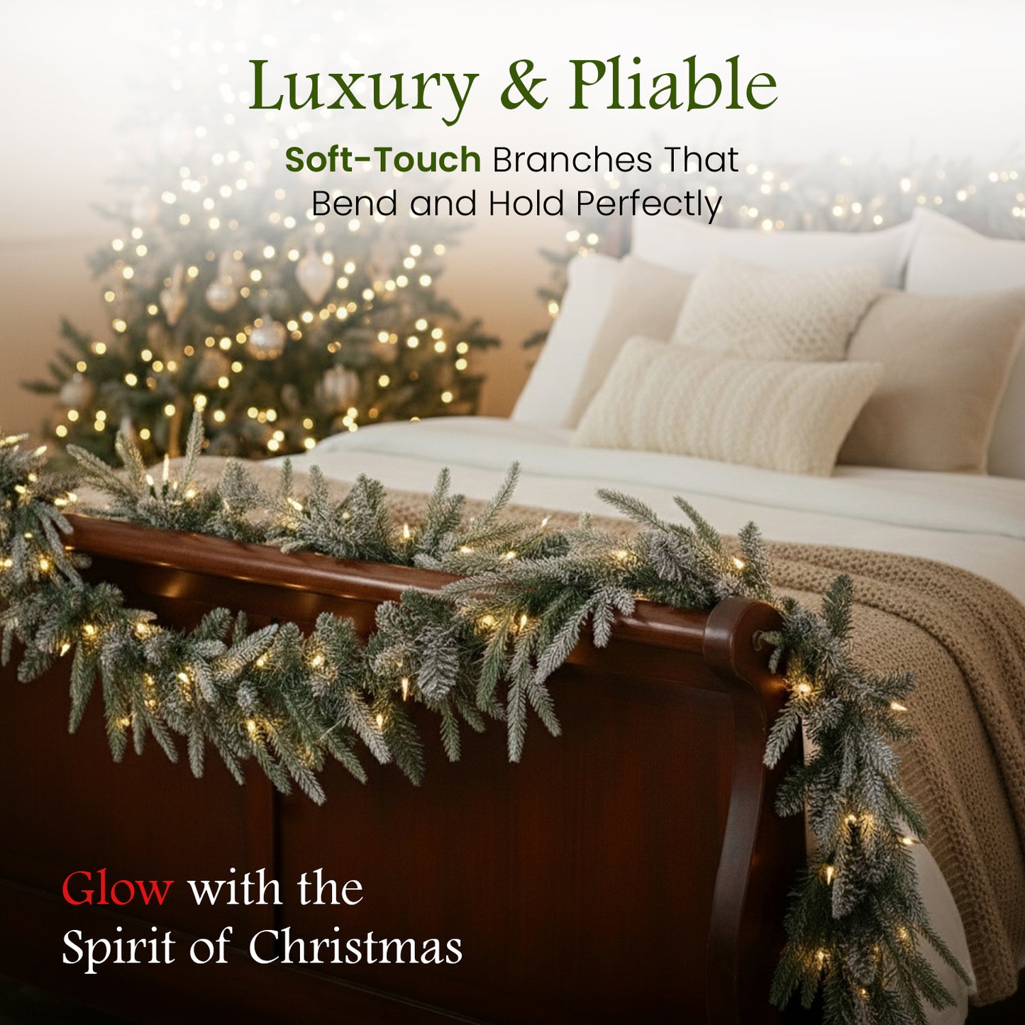 Luxury Snow Flocked Christmas Garland with Lights 1.8m/6ft for Christmas Decorations, Mixed Green Garland, Warm White Lights Indoor Decoration for Fireplace Stair Door Table