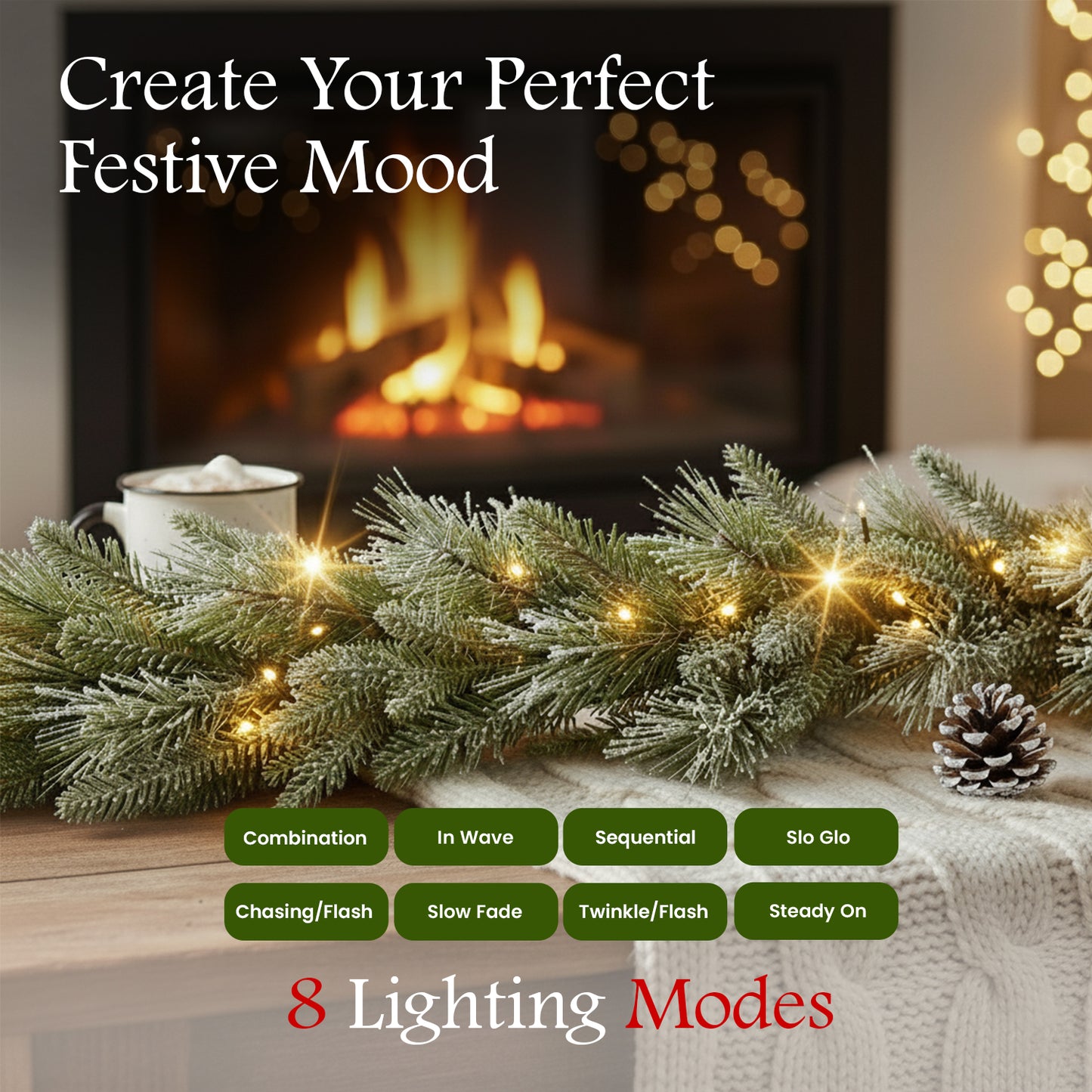 Luxury Snow Flocked Christmas Garland with Lights 1.8m/6ft for Christmas Decorations, Mixed Green Garland, Warm White Lights Indoor Decoration for Fireplace Stair Door Table