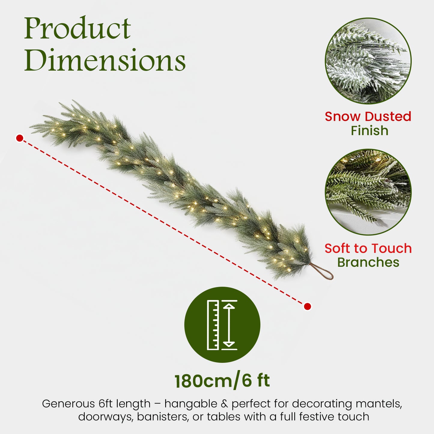 Luxury Snow Flocked Christmas Garland with Lights 1.8m/6ft for Christmas Decorations, Mixed Green Garland, Warm White Lights Indoor Decoration for Fireplace Stair Door Table