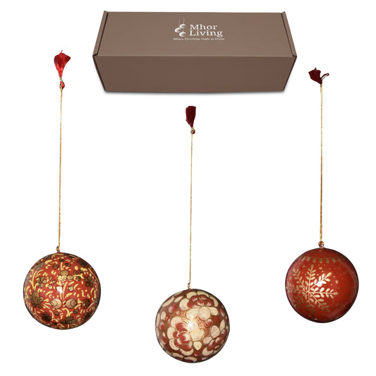 Hand Painted Papier Mache Christmas Baubles – Set of 3 Handmade Christmas Decorations, Eco-Friendly Presentation Box, Traditional Xmas Tree Decorations (Red)