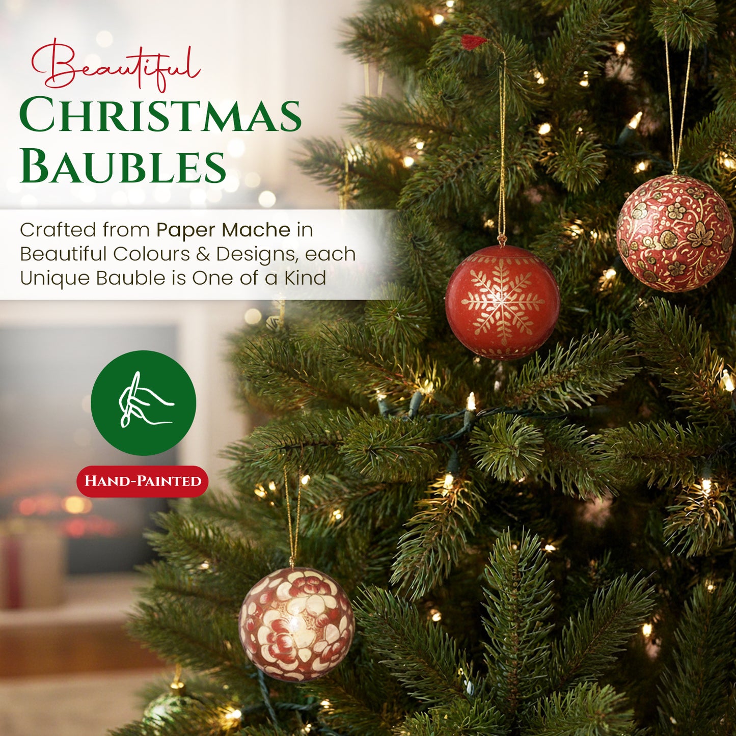 Hand Painted Papier Mache Christmas Baubles – Set of 3 Handmade Christmas Decorations, Eco-Friendly Presentation Box, Traditional Xmas Tree Decorations (Red)