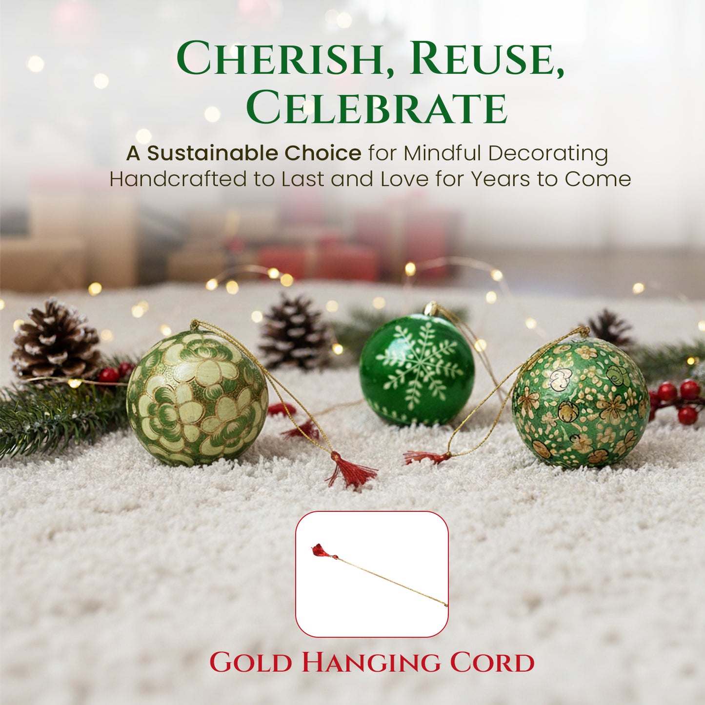 Hand Painted Papier Mache Christmas Baubles – Set of 3 Handmade Christmas Decorations, Eco-Friendly Presentation Box, Traditional Xmas Tree Decorations (Green)