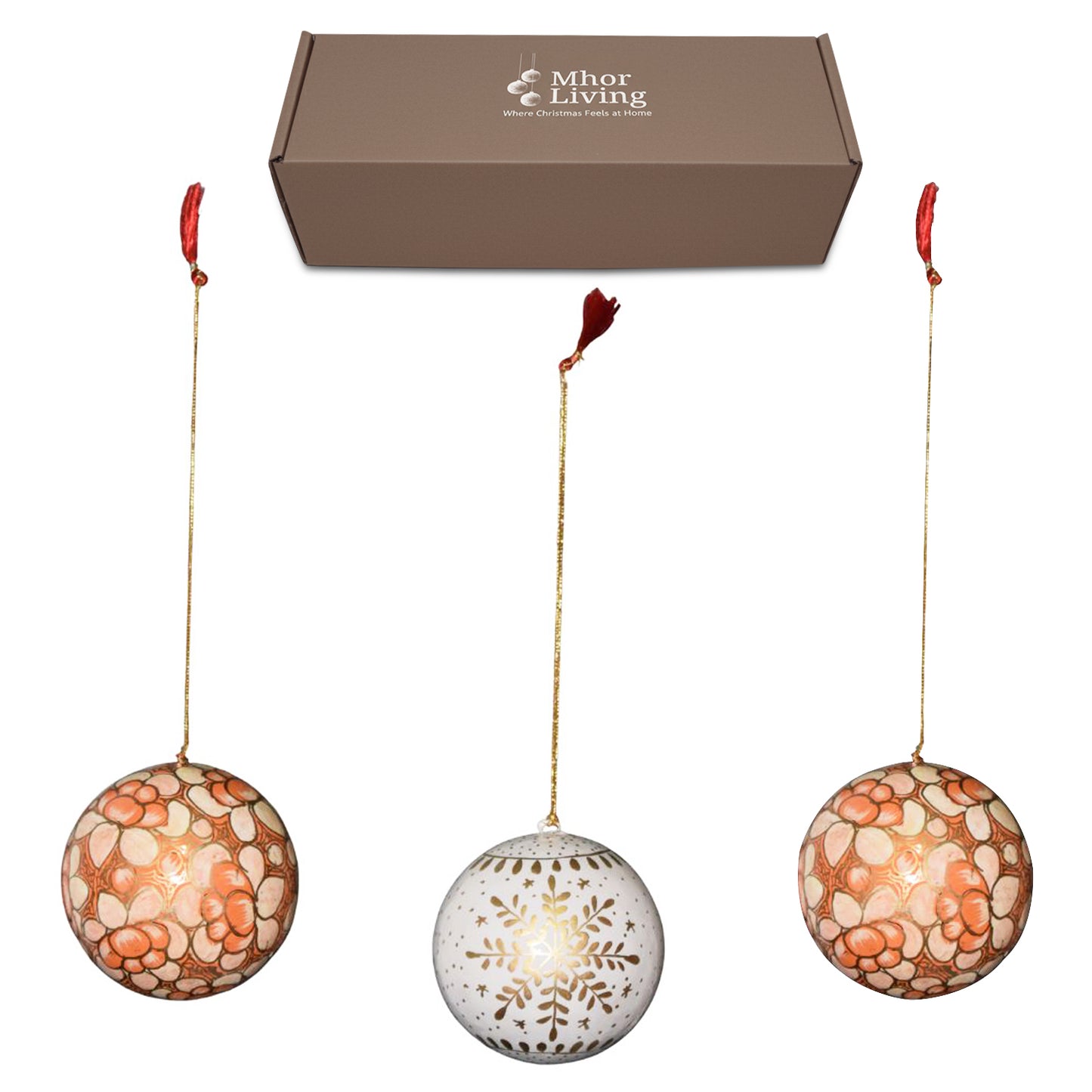 Hand Painted Papier Mache Christmas Baubles – Set of 3 Handmade Christmas Decorations, Eco-Friendly Presentation Box, Traditional Xmas Tree Decorations (White-Orange)