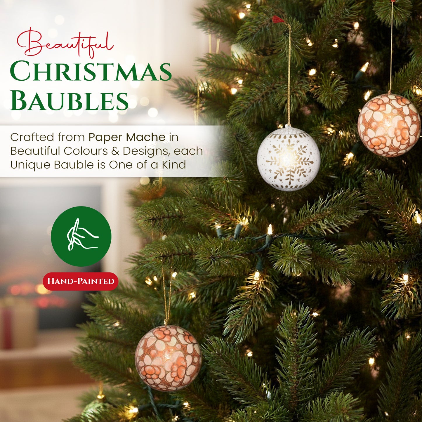 Hand Painted Papier Mache Christmas Baubles – Set of 3 Handmade Christmas Decorations, Eco-Friendly Presentation Box, Traditional Xmas Tree Decorations (White-Orange)