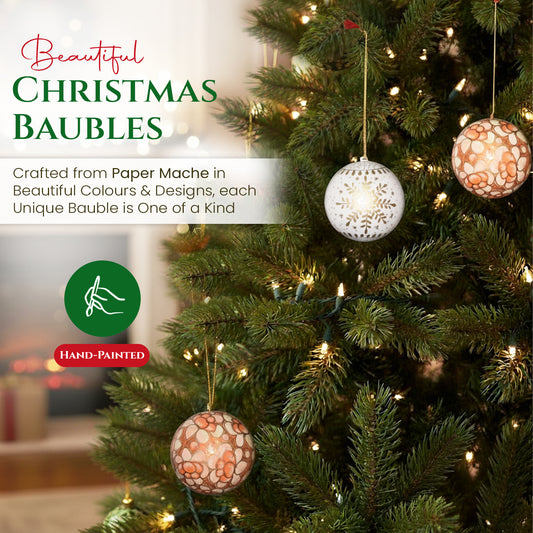 Hand Painted Papier Mache Christmas Baubles – Set of 3 Handmade Christmas Decorations, Eco-Friendly Presentation Box, Traditional Xmas Tree Decorations (White-Orange)