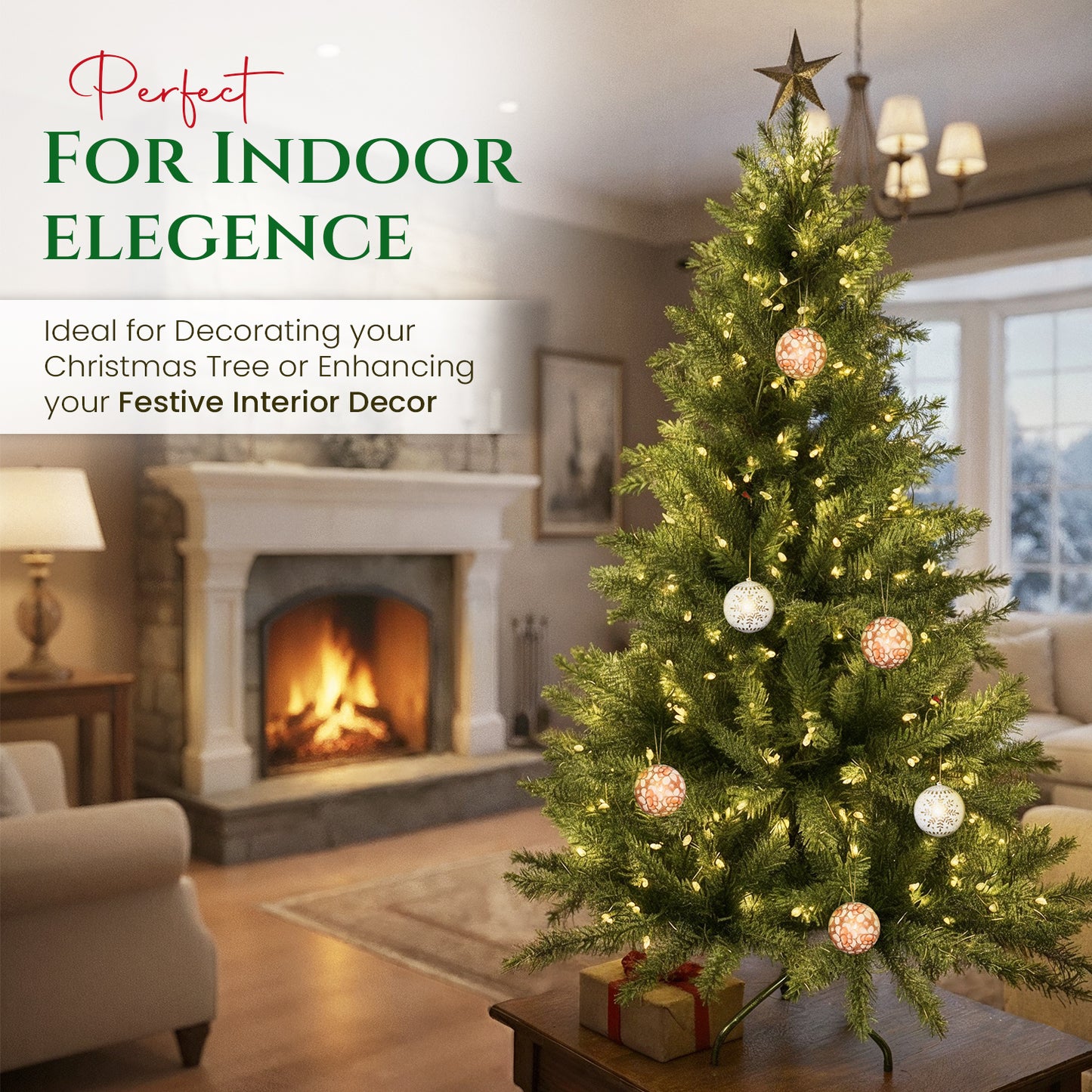 Hand Painted Papier Mache Christmas Baubles – Set of 3 Handmade Christmas Decorations, Eco-Friendly Presentation Box, Traditional Xmas Tree Decorations (White-Orange)