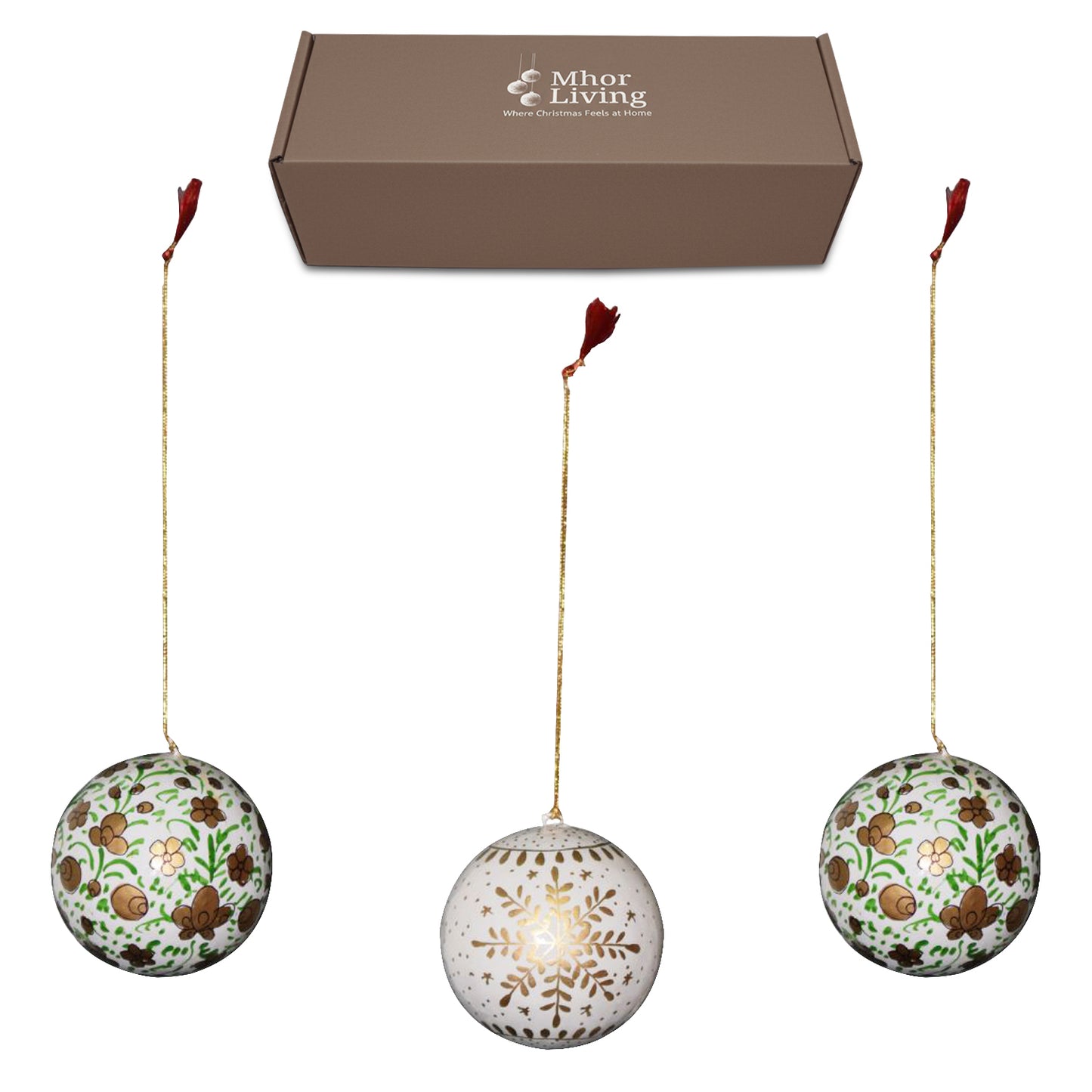 Hand Painted Papier Mache Christmas Baubles – Set of 3 Handmade Christmas Decorations, Eco-Friendly Presentation Box, Traditional Xmas Tree Decorations (White-Green))