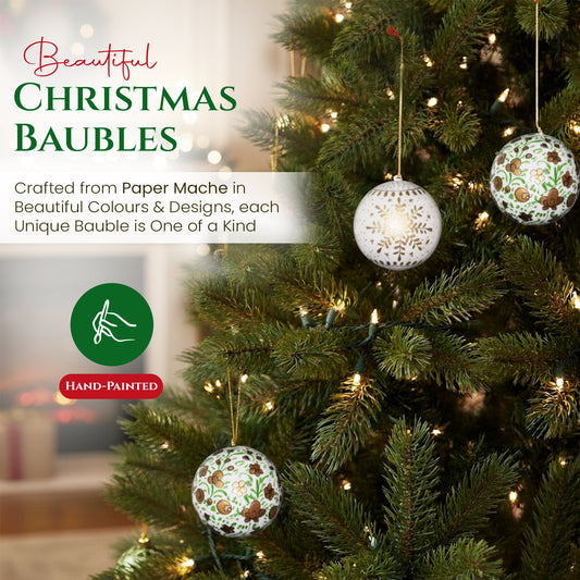 Hand Painted Papier Mache Christmas Baubles – Set of 3 Handmade Christmas Decorations, Eco-Friendly Presentation Box, Traditional Xmas Tree Decorations (White-Green))