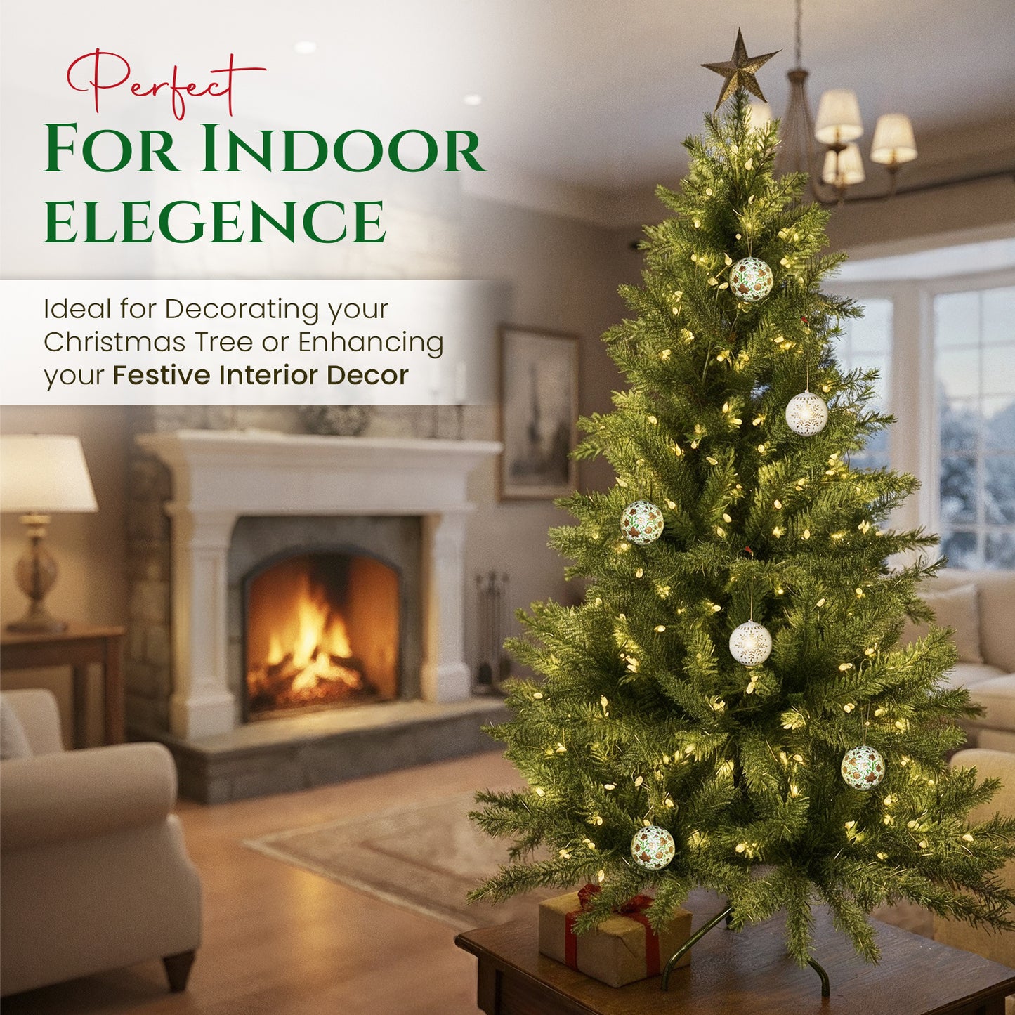 Hand Painted Papier Mache Christmas Baubles – Set of 3 Handmade Christmas Decorations, Eco-Friendly Presentation Box, Traditional Xmas Tree Decorations (White-Green))