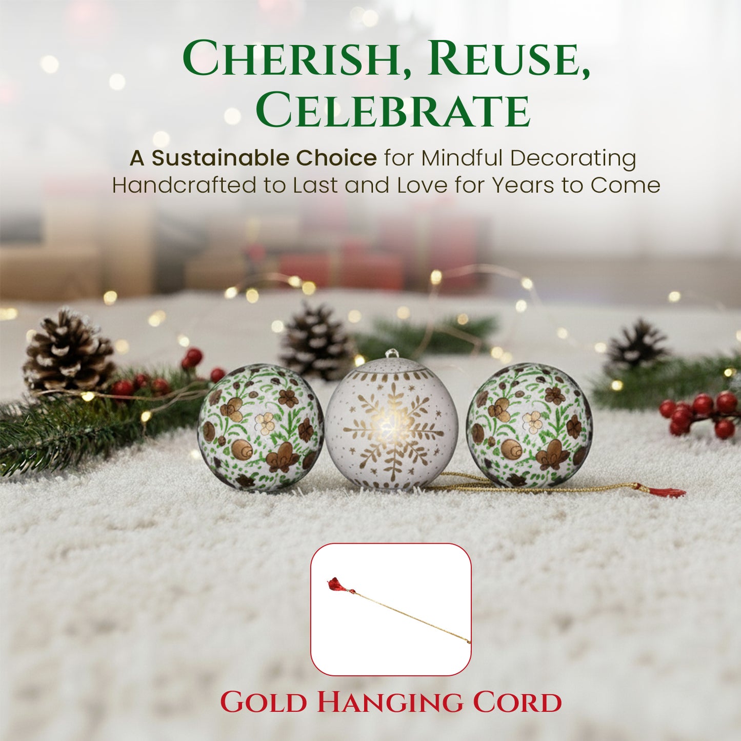 Hand Painted Papier Mache Christmas Baubles – Set of 3 Handmade Christmas Decorations, Eco-Friendly Presentation Box, Traditional Xmas Tree Decorations (White-Green))