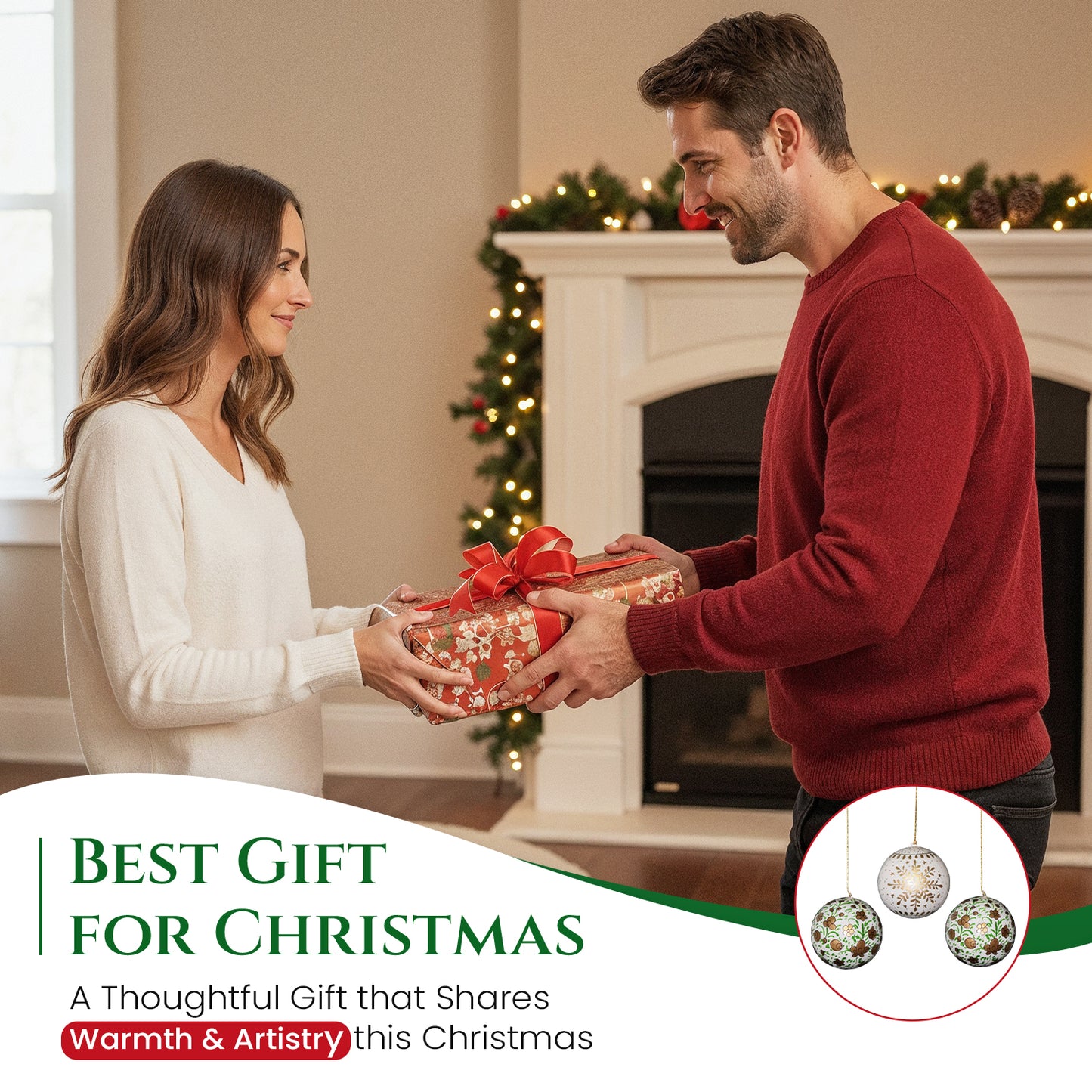 Hand Painted Papier Mache Christmas Baubles – Set of 3 Handmade Christmas Decorations, Eco-Friendly Presentation Box, Traditional Xmas Tree Decorations (White-Green))