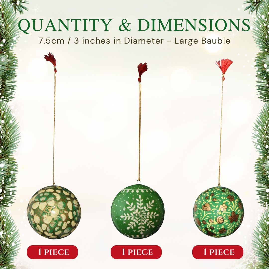 Hand Painted Papier Mache Christmas Baubles – Set of 3 Handmade Christmas Decorations, Eco-Friendly Presentation Box, Traditional Xmas Tree Decorations (Green)