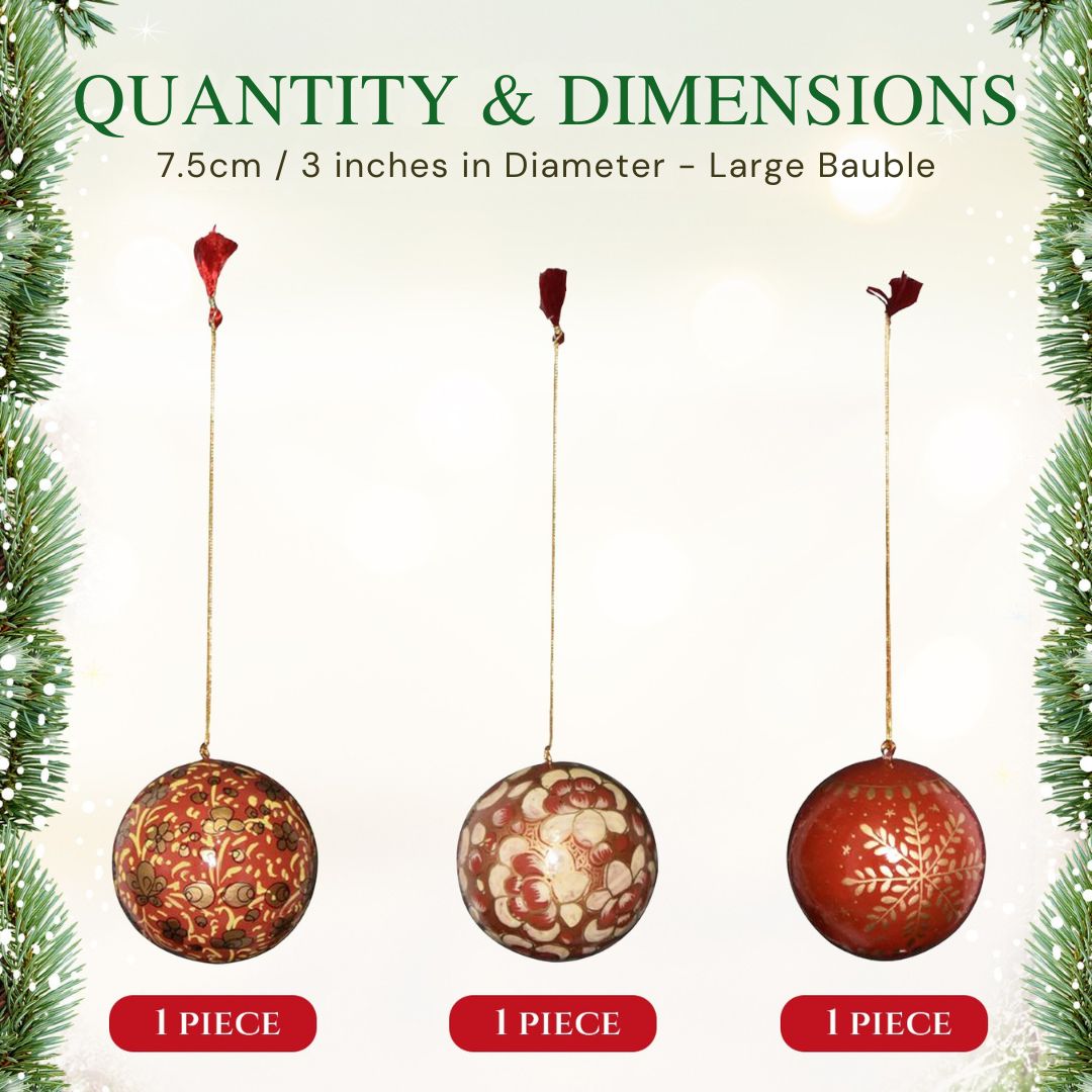 Hand Painted Papier Mache Christmas Baubles – Set of 3 Handmade Christmas Decorations, Eco-Friendly Presentation Box, Traditional Xmas Tree Decorations (Red)